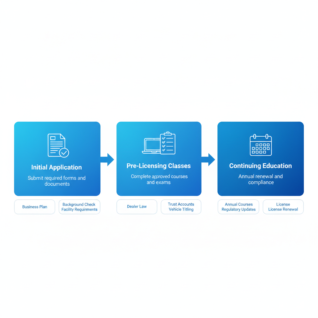 Process flow diagram illustrating three key stages of US dealership licensing: initial application with documents, online pre-licensing and exam prep, and biennial continuing education.