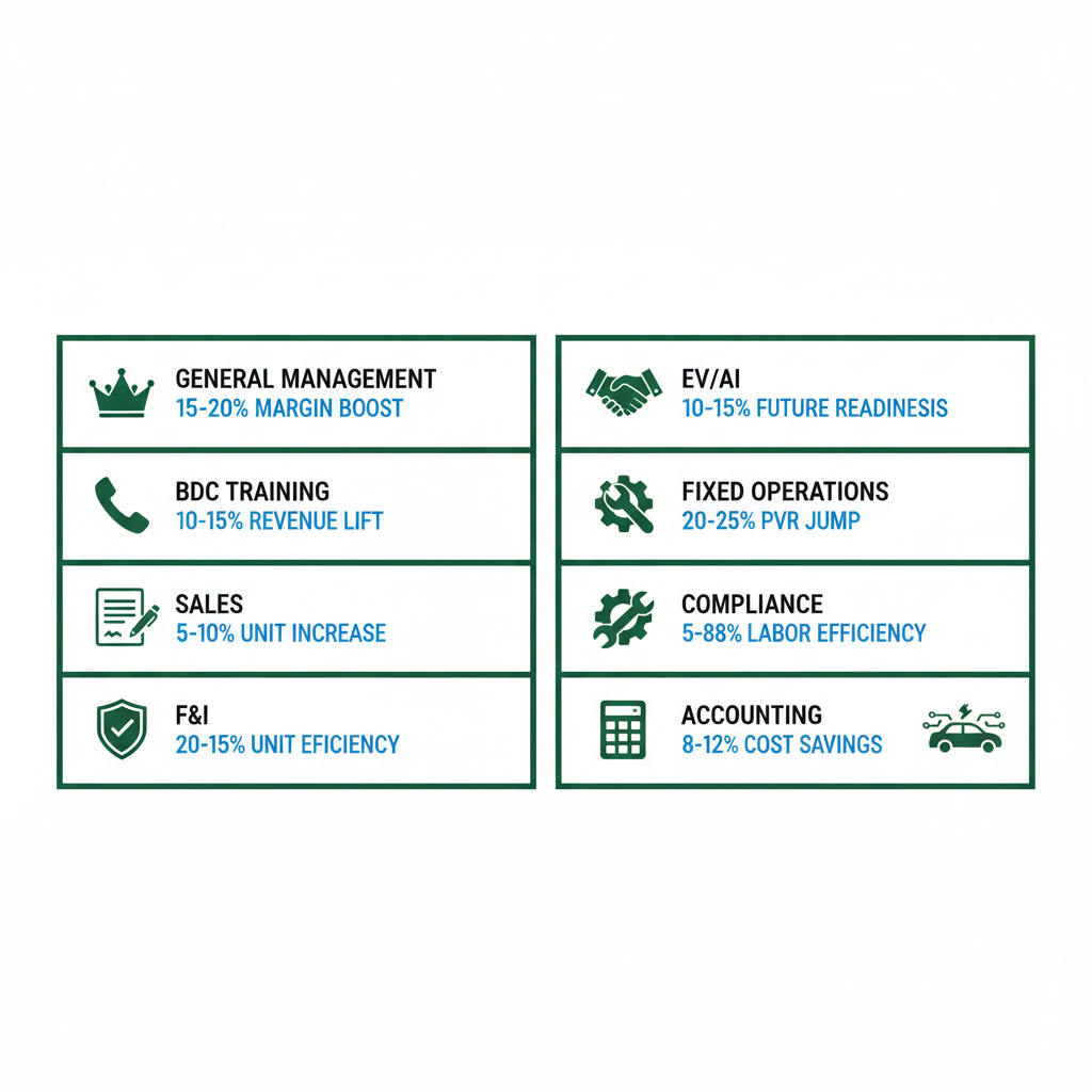 Infographic showing eight dealership training modules with icons and profit impact metrics.