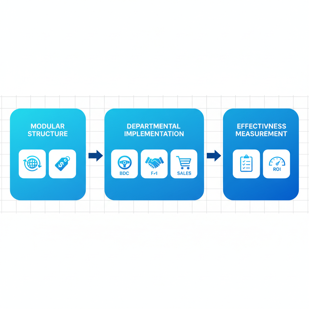 Horizontal process flow diagram illustrating the three stages of automotive dealership training programs: modular structure, departmental implementation, and effectiveness measurement.