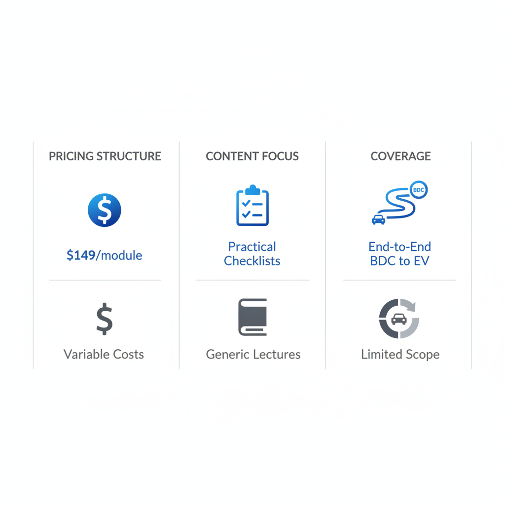 Infographic comparing Dealership360Academy modules to traditional training in pricing, content focus, and coverage.