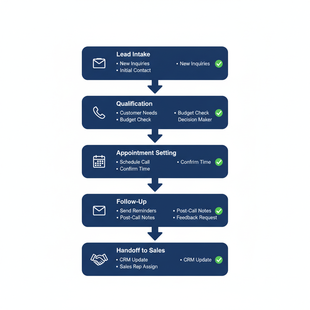 Vertical process flow diagram showing BDC workflow stages with icons and checklists