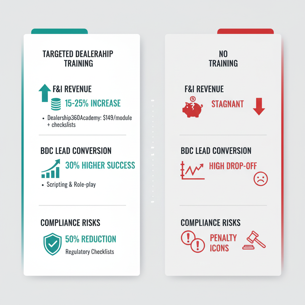 Infographic showing dealership training benefits in F&I revenue, BDC conversion, and compliance risk reduction versus no training.