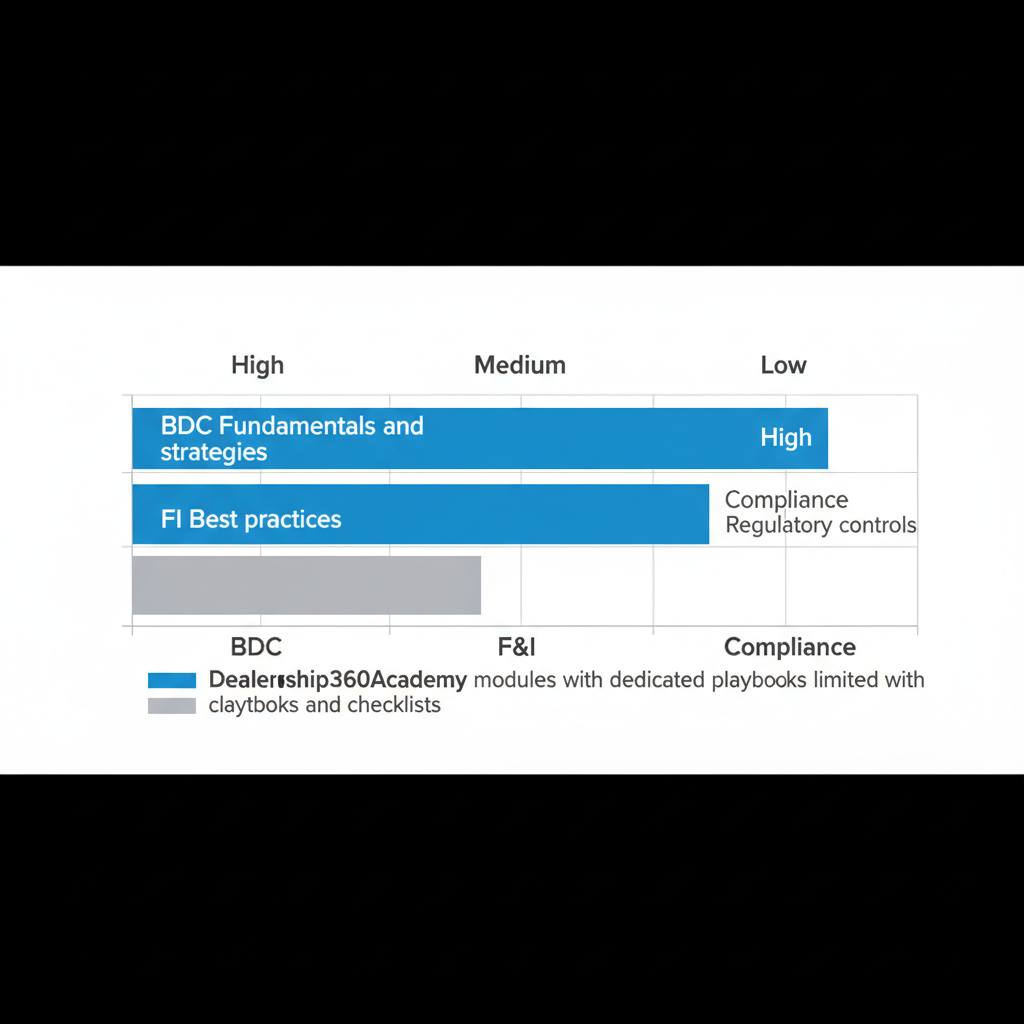 Horizontal bar chart comparing Dealership360Academy training coverage to generic programs for BDC, F&I, and compliance departments