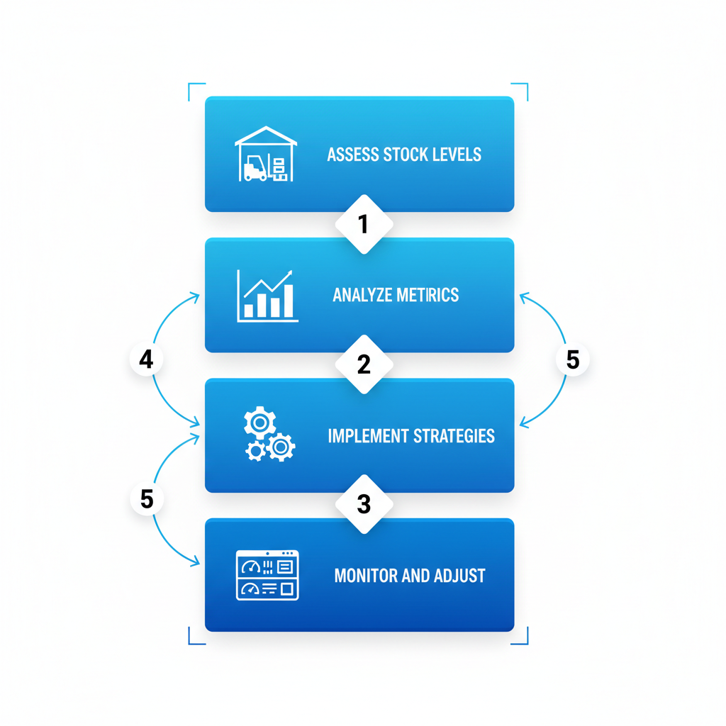 Process flow diagram showing four steps for optimizing inventory turnover in a dealership, including icons for assessment, analysis, implementation, and monitoring.
