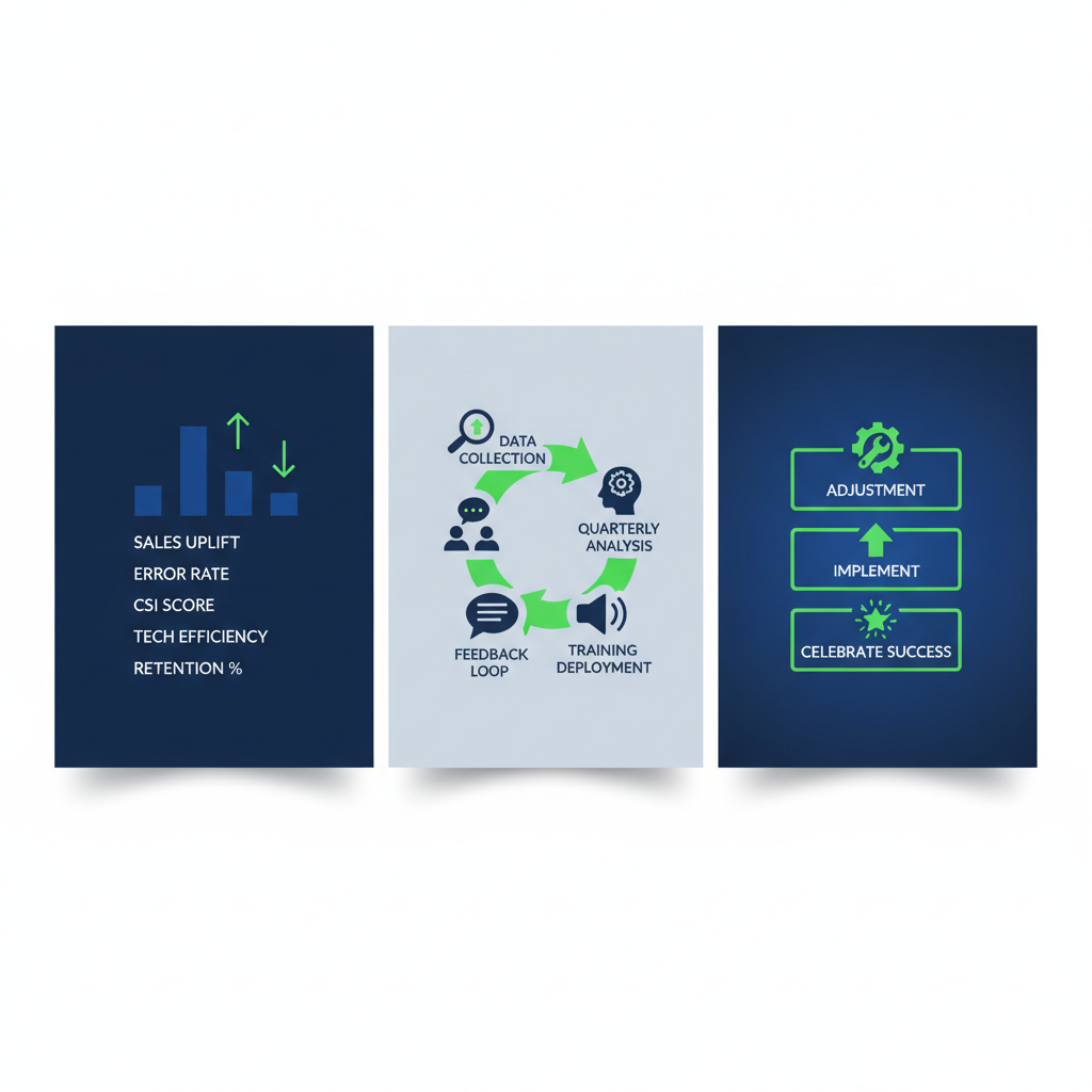Horizontal infographic illustrating KPIs, feedback loops, and iteration steps for measuring dealership training ROI