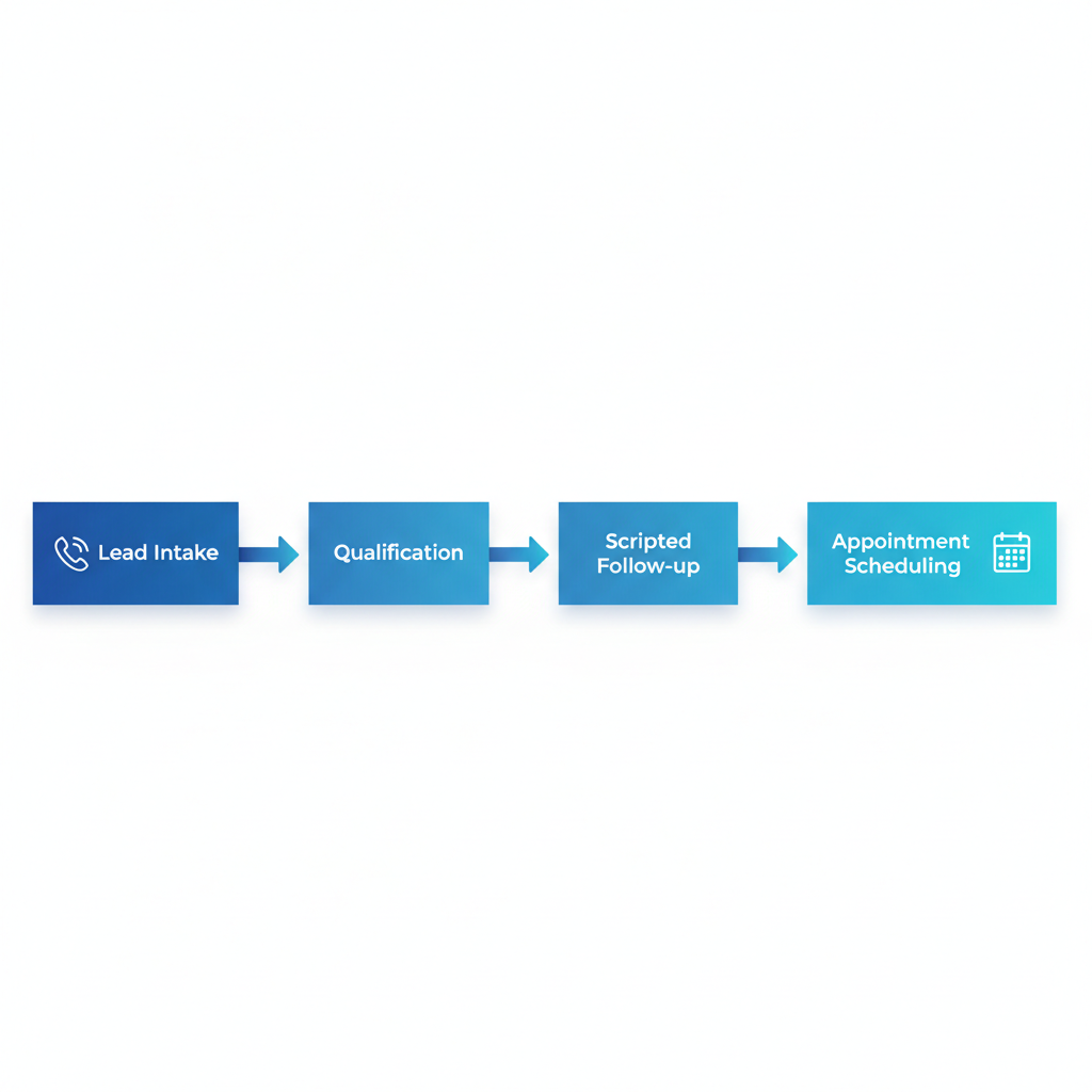 Horizontal process flow diagram of BDC lead generation in automotive dealerships, featuring four steps: intake, qualification, follow-up, and appointment scheduling with icons and blue gradient boxes.