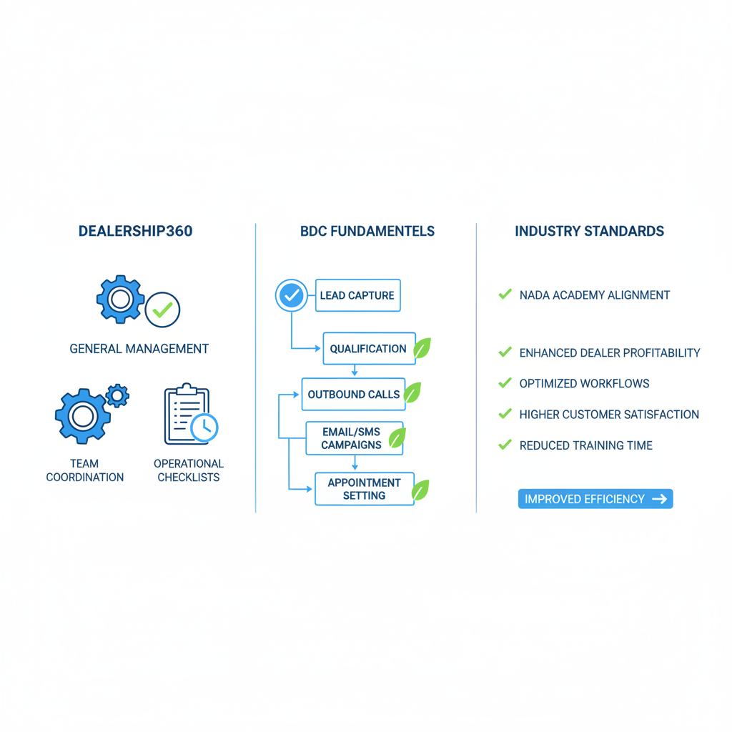 Infographic comparing Dealership360Academy training modules to industry standards in three columns: General Management, BDC Fundamentals, and benefits.