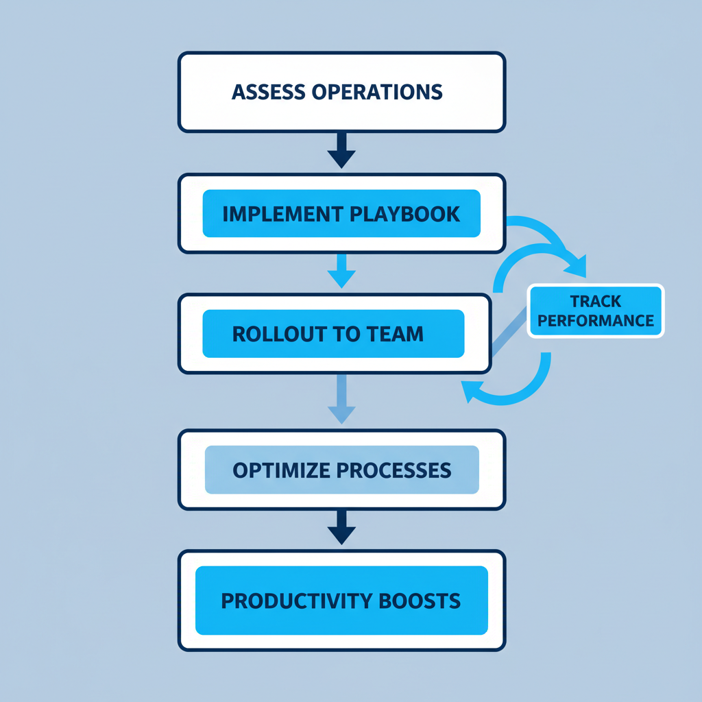 Vertical process flow diagram illustrating five steps for applying dealership training in daily operations, focusing on fixed operations improvements.