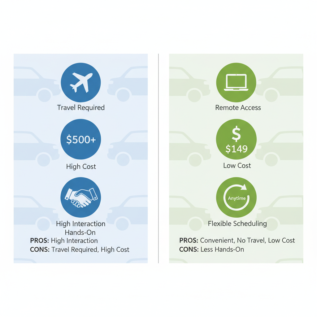 Infographic comparing in-person and virtual dealership training methods side by side with icons and pros cons.