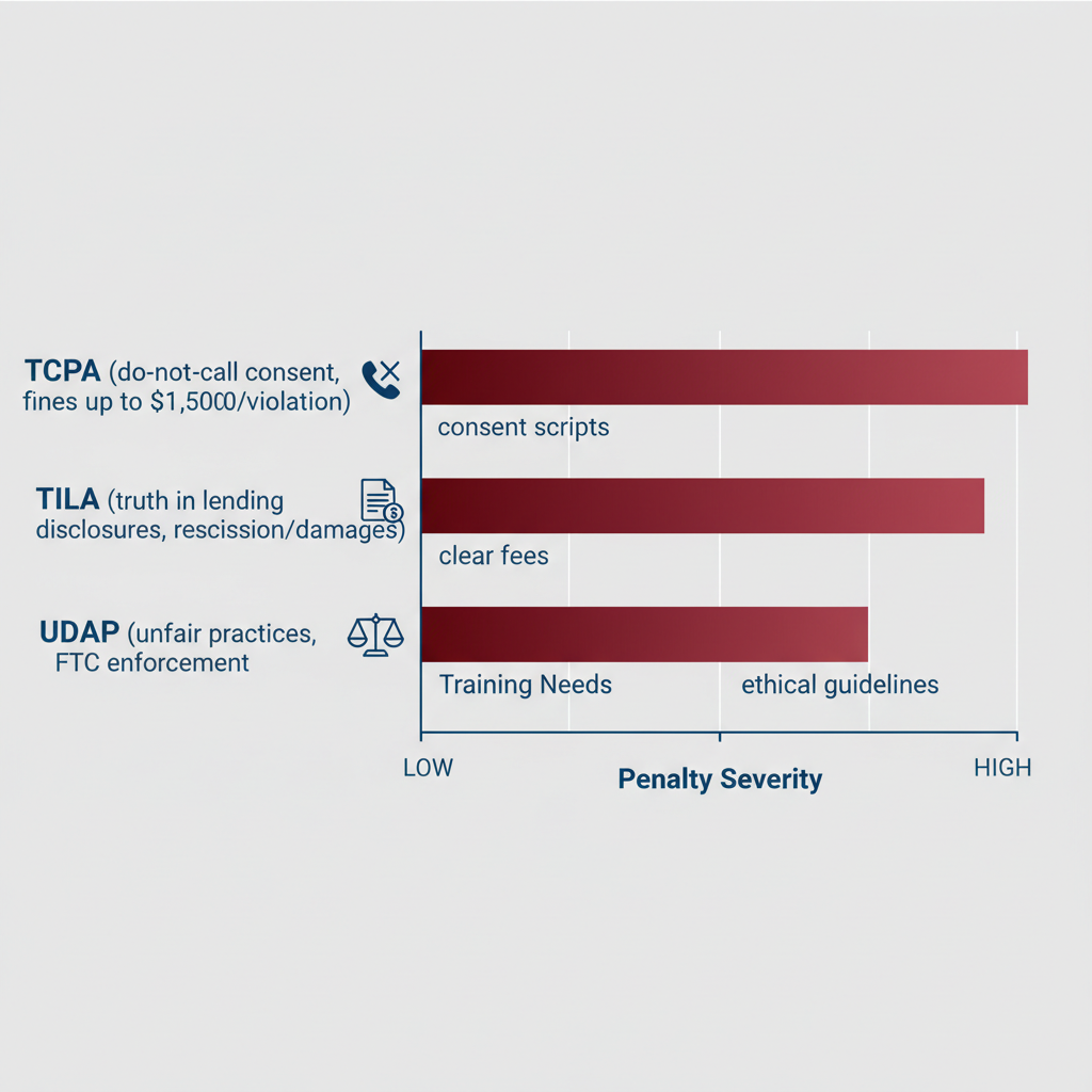 Bar chart illustrating penalties and key focuses of major F&I compliance regulations in automotive dealerships