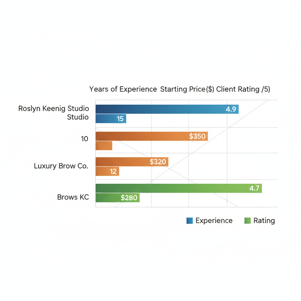 Horizontal bar chart comparing key metrics of top microblading studios in Kansas City including experience, pricing, and ratings.