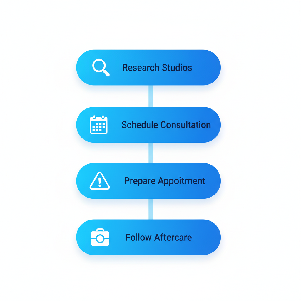 Vertical process flow diagram showing five steps to begin microblading in Kansas City with icons and labels.