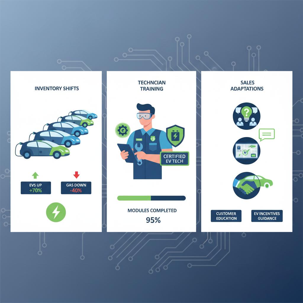 Infographic depicting three columns for dealership EV readiness: inventory shifts, technician training, and sales adaptations.