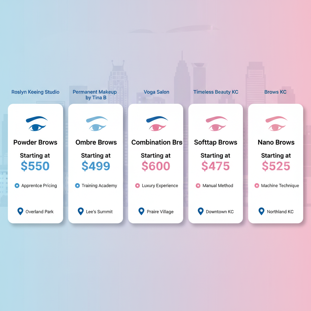 Infographic comparing five permanent makeup providers in Kansas City with techniques, prices, features, and locations.