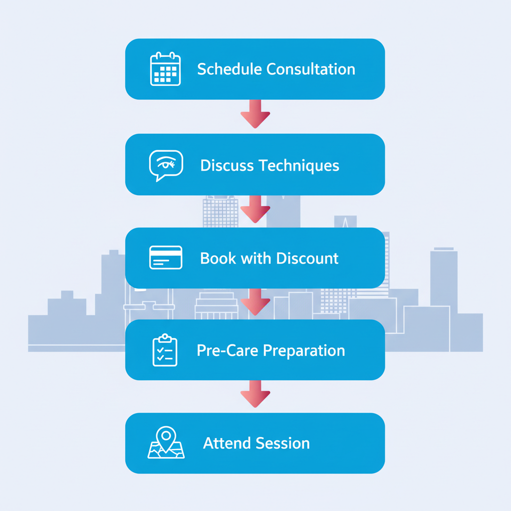 Vertical process flow diagram showing five steps to begin permanent makeup services in Kansas City with icons and connecting arrows