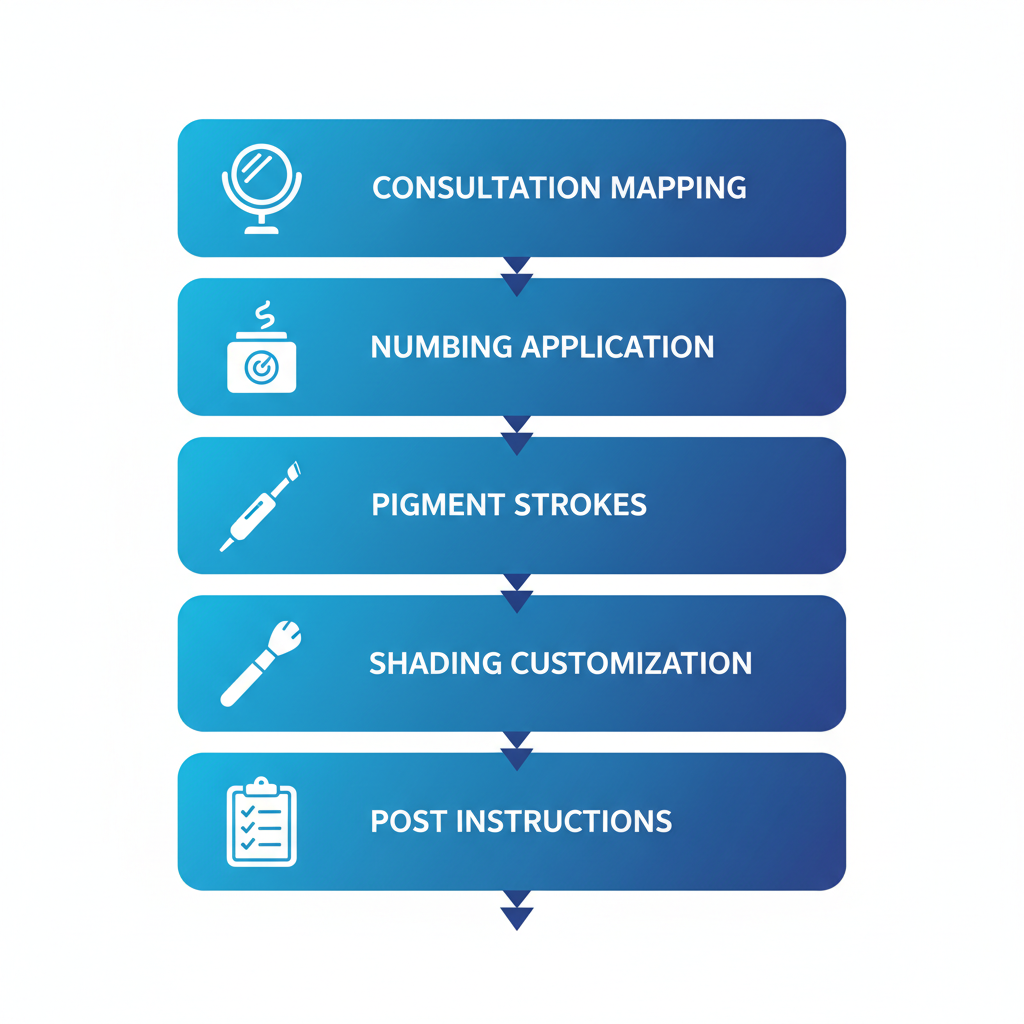 Vertical process flow diagram illustrating the five stages of microblading procedure with icons and blue design elements