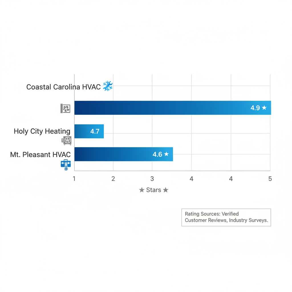 Horizontal bar chart comparing ratings of top HVAC companies in Charleston, South Carolina, with Coastal Carolina HVAC at 4.9 stars.