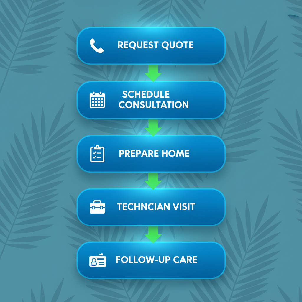 Vertical process flow diagram illustrating five steps to start HVAC services in Charleston with icons for quote request, scheduling, preparation, technician visit, and follow-up care.