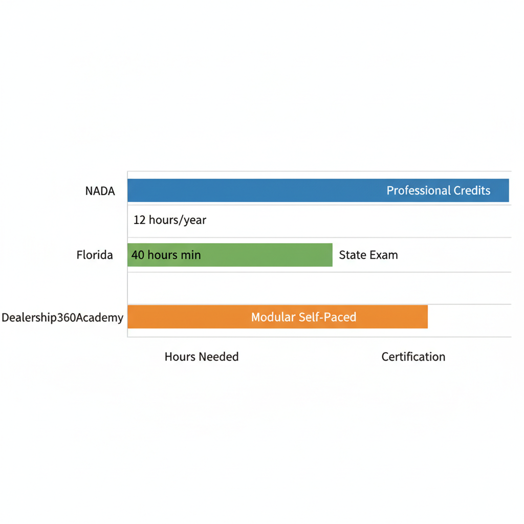 Horizontal bar chart comparing dealership training requirements for NADA, Florida pre-license, and Dealership360Academy programs
