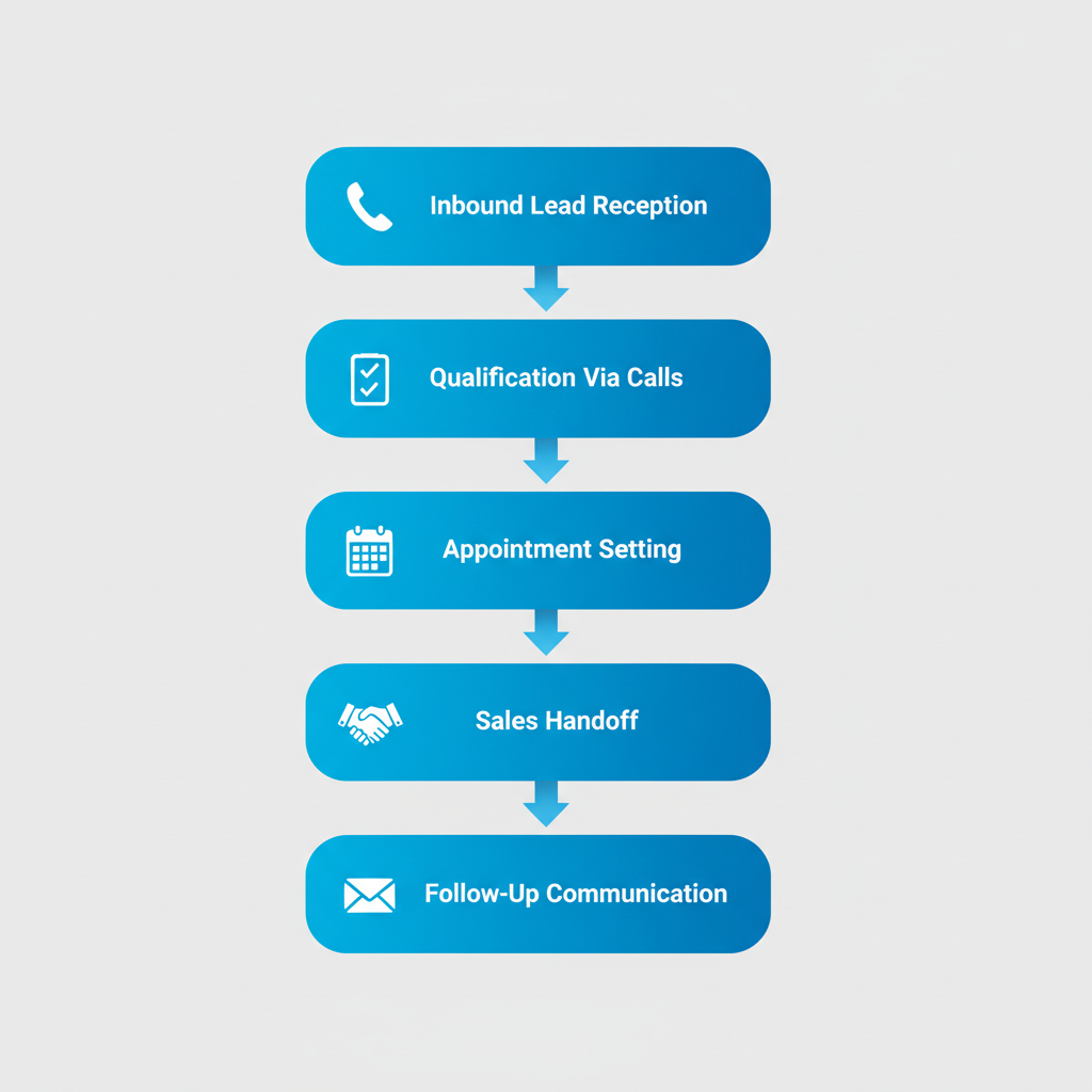 Vertical process flow diagram illustrating BDC operations with five connected stages: inbound lead reception, qualification, appointment setting, sales handoff, and follow-up, featuring icons and blue arrows.
