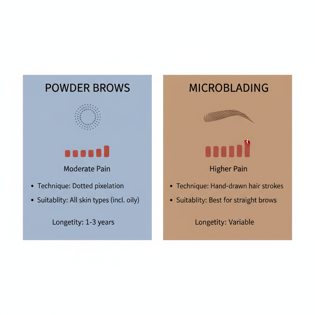 Infographic illustrating key differences between powder brows and microblading techniques side by side