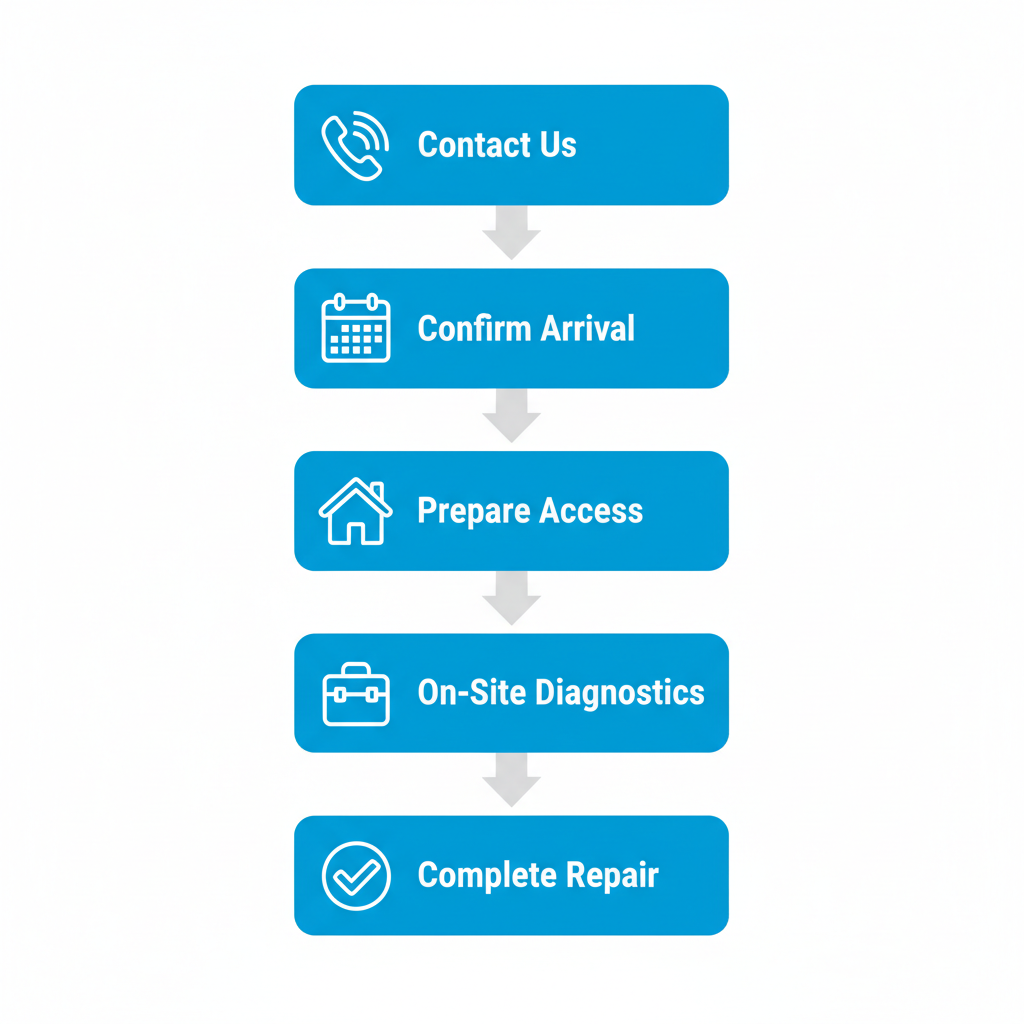 Vertical process flow diagram of five steps to schedule heating repair including contact, confirmation, preparation, diagnostics, and completion.