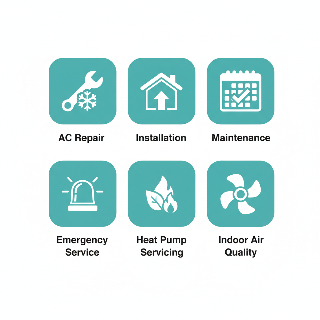Grid of six icons representing HVAC services: AC repair, installation, maintenance, emergency service, heat pump servicing, and indoor air quality.