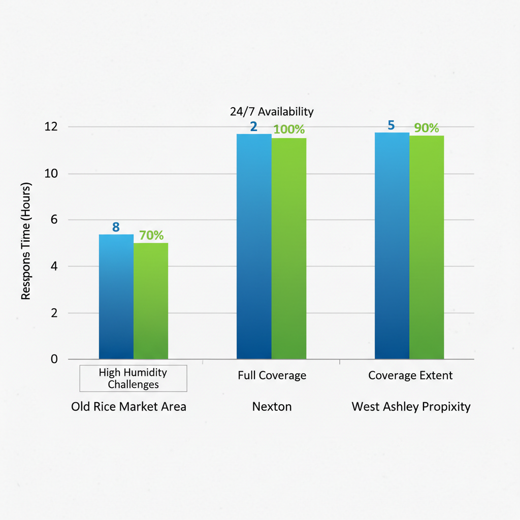 Bar chart comparing HVAC response times and coverage across Summerville neighborhoods like Old Rice Market Area, Nexton, and West Ashley Proximity, addressing high humidity and 24/7 services.