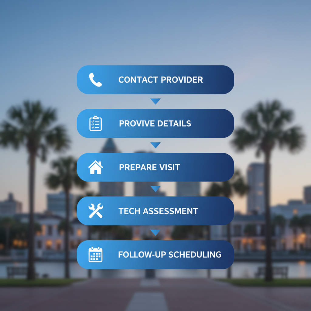 Vertical process flow diagram illustrating five steps to schedule reliable AC repair in Charleston