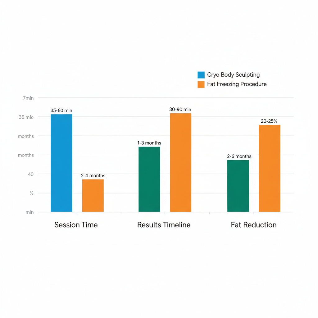 Grouped bar chart comparing Cryo Body Sculpting, CoolSculpting, and Fat Freezing across session time, results timeline, and fat reduction metrics.