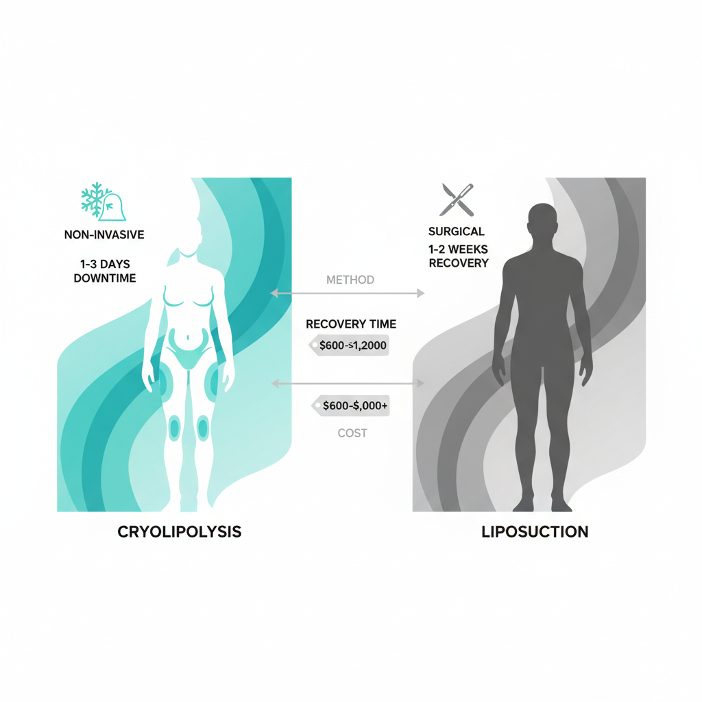 Infographic comparing Cryo Body Sculpting and Liposuction with icons, downtime, costs, and target areas.