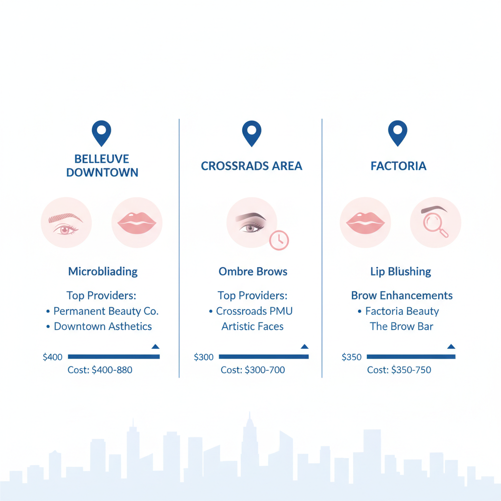 Infographic comparing permanent makeup services and costs in Bellevue neighborhoods: Downtown, Crossroads, and Factoria.