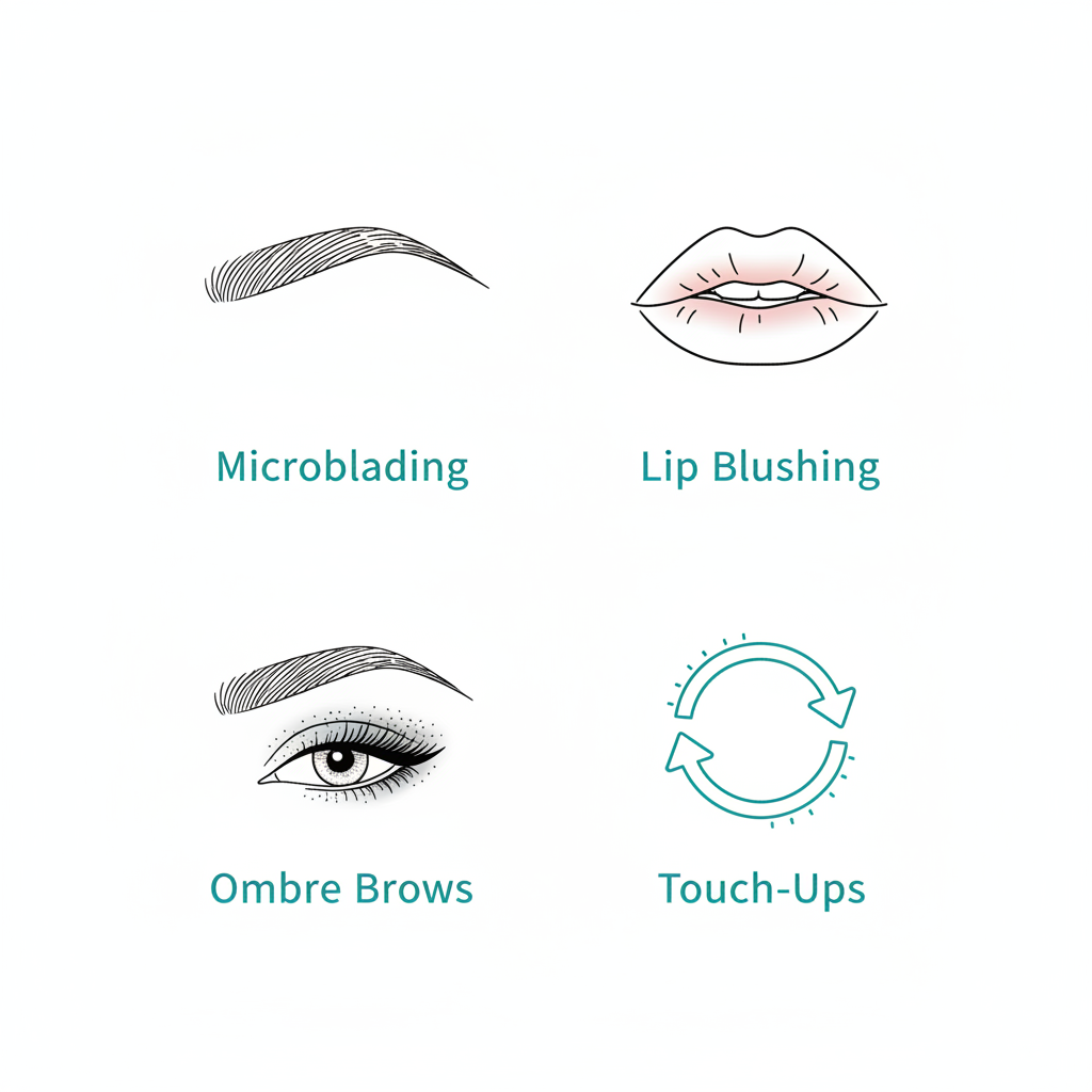 Icons set for Eastside Microblading services including microblading, lip blushing, ombre brows, and touch-ups in minimalist line art.
