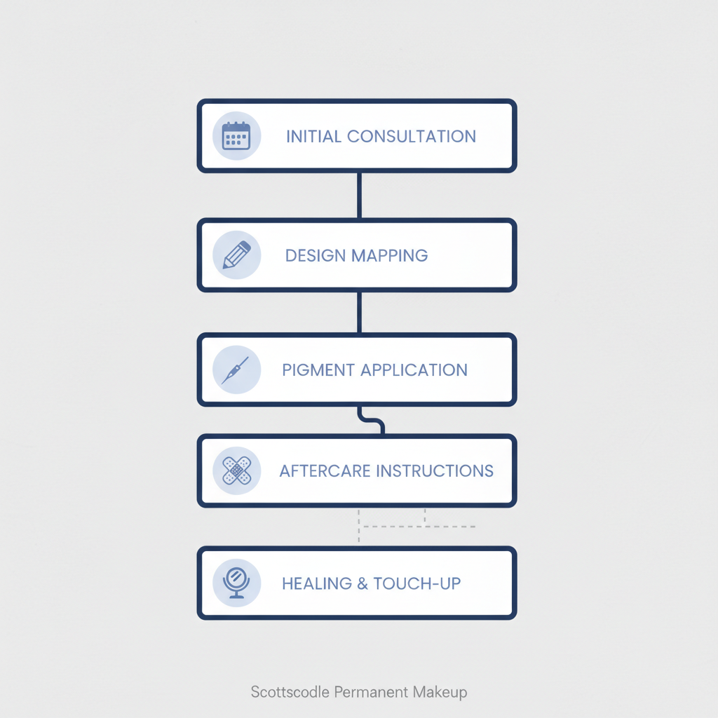 Vertical process flow diagram of five stages for permanent makeup procedures including microblading and lip blushing in Scottsdale, featuring icons for consultation, design, application, aftercare, and healing.