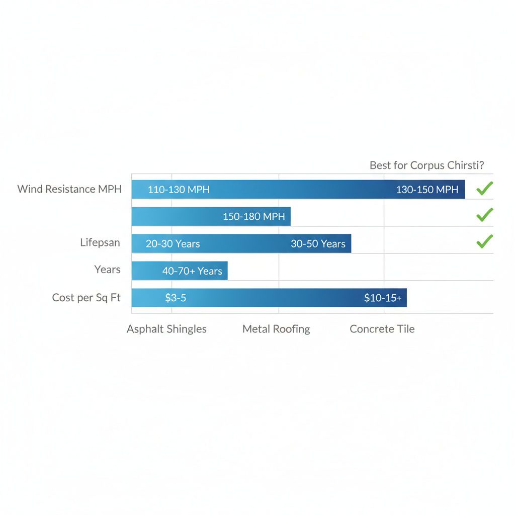Horizontal bar chart comparing wind resistance, lifespan, and cost of roofing materials for coastal conditions in Corpus Christi