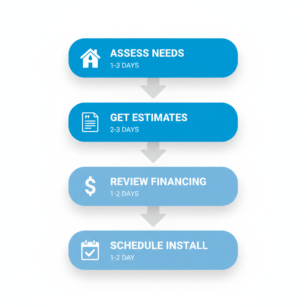 Vertical process flow diagram illustrating four steps to begin a roofing project: assess needs, get free estimates, review financing, and schedule installation with icons and timelines.