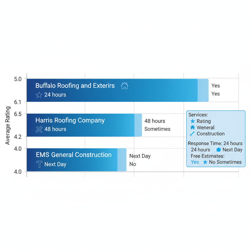 Horizontal bar chart comparing ratings, response times, and free estimates for top Corpus Christi exterior contractors: Buffalo Roofing and Exteriors, Harris Roofing Company, EMS General Construction, with services icons.