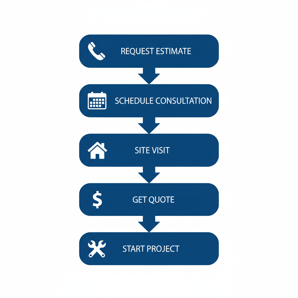 Vertical process flow diagram outlining five steps to start with exterior contractors in Corpus Christi, including icons for each stage