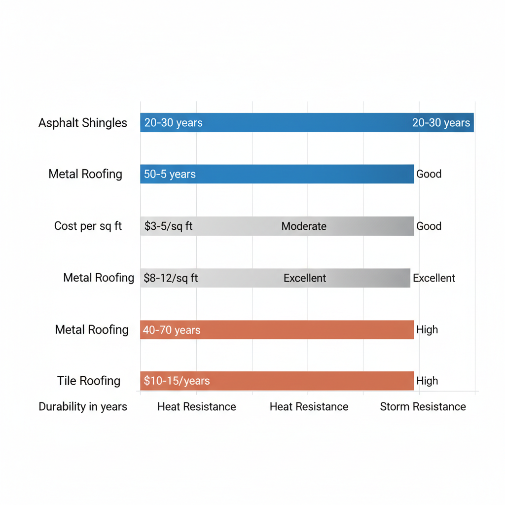 Bar chart comparing durability, cost, heat resistance, and storm resistance of asphalt shingles, metal roofing, and tile roofing for San Antonio climate.
