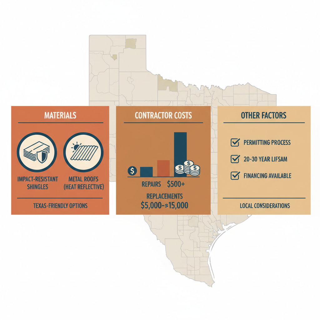 Infographic illustrating key materials, costs, and factors for roofing projects in San Antonio, Texas