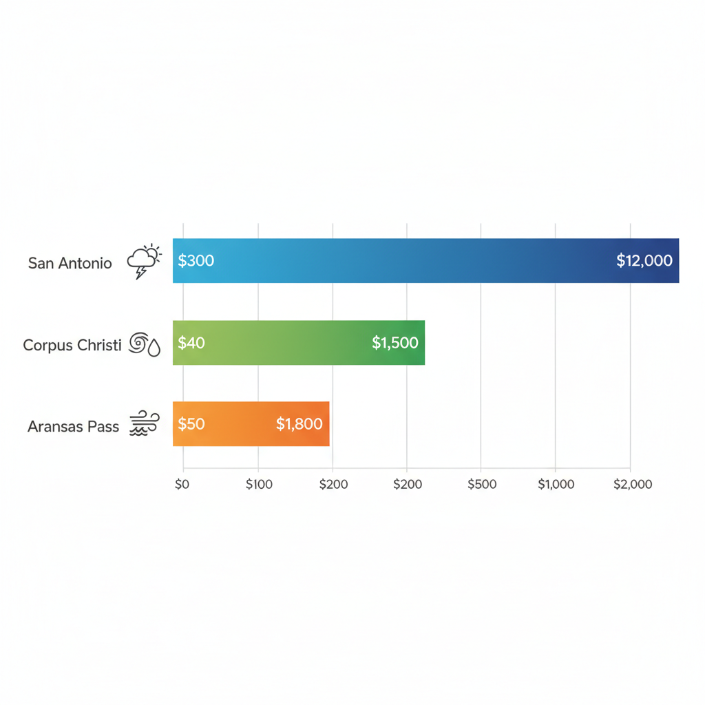 Horizontal bar chart comparing average roofing repair costs in San Antonio, Corpus Christi, and Aransas Pass, with weather icons and cost ranges labeled.