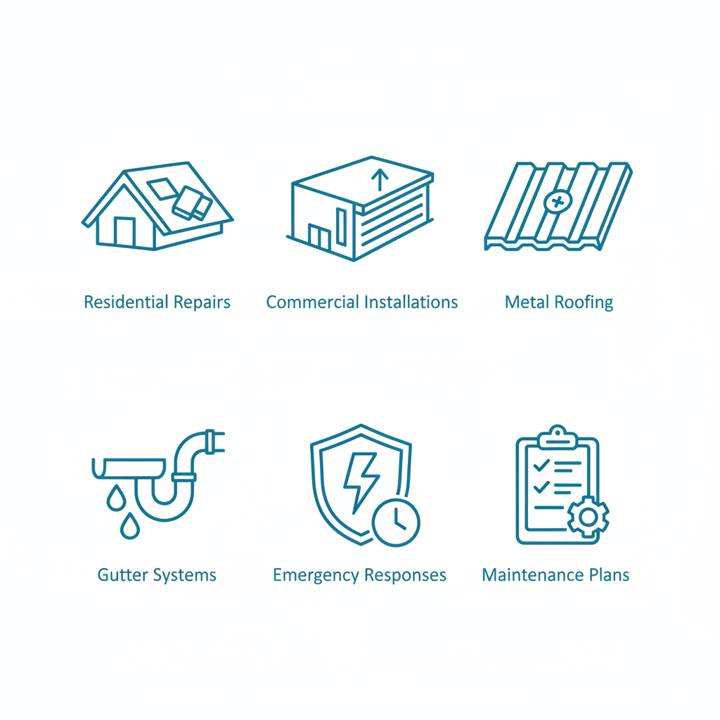 Grid of icons representing available roofing services including repairs, installations, and maintenance