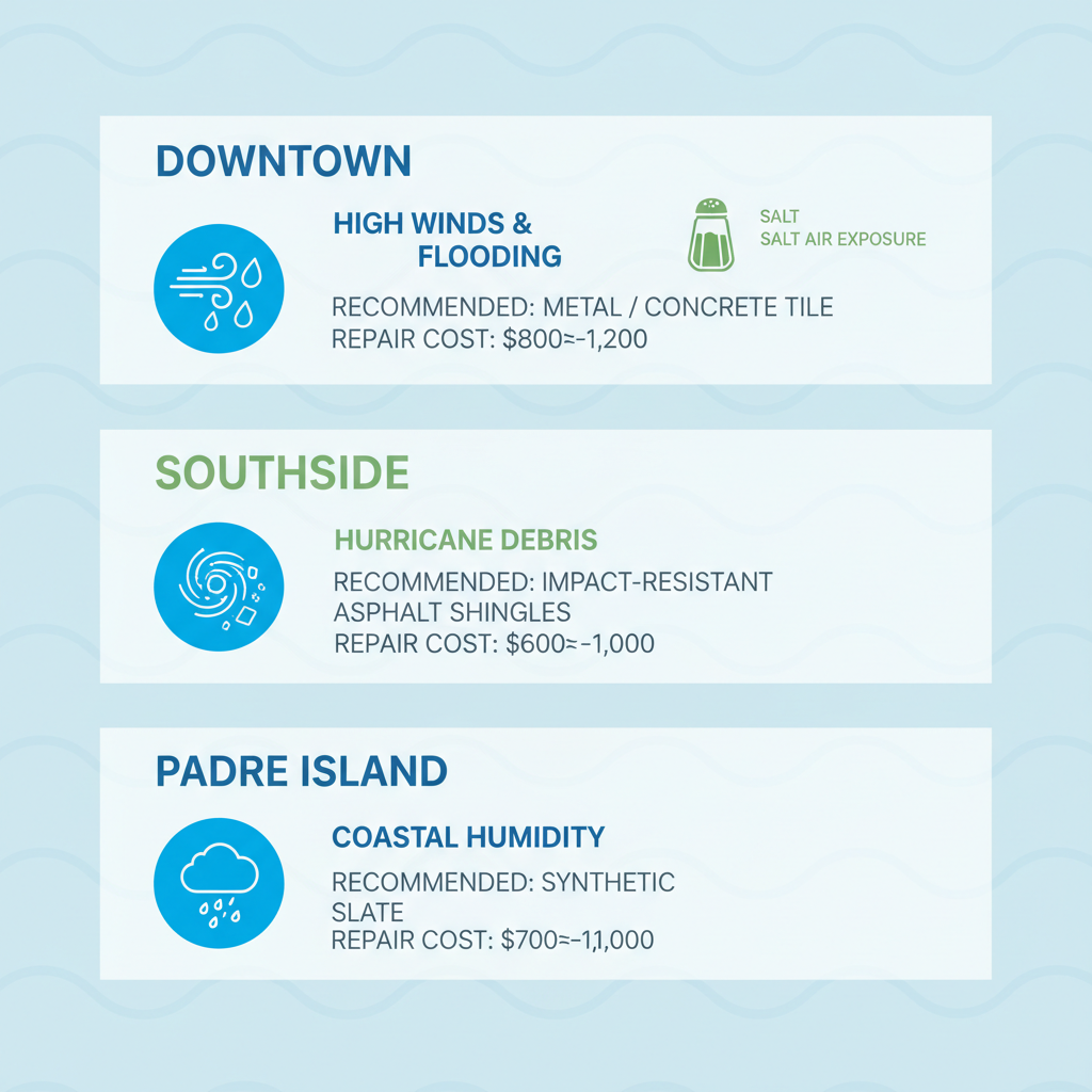 Infographic comparing roofing challenges, recommendations, and repair costs in Corpus Christi neighborhoods: Downtown, Southside, and Padre Island.