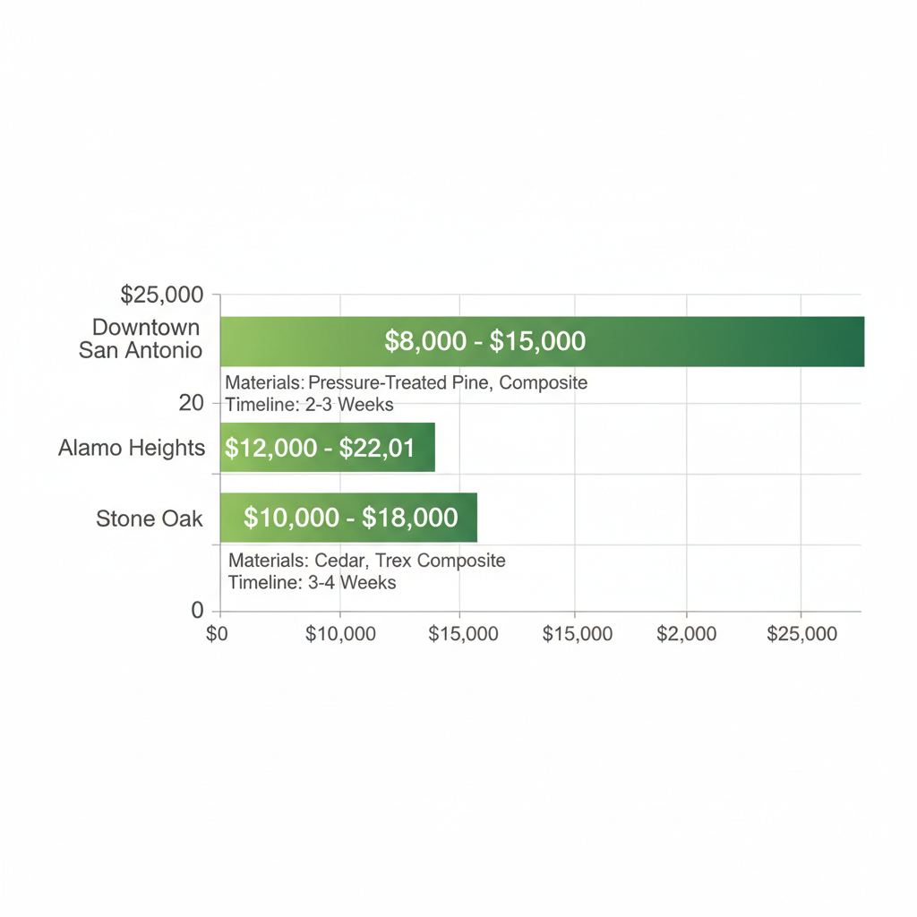 Horizontal bar chart comparing deck building costs in San Antonio neighborhoods including Downtown, Alamo Heights, and Stone Oak with material and timeline details