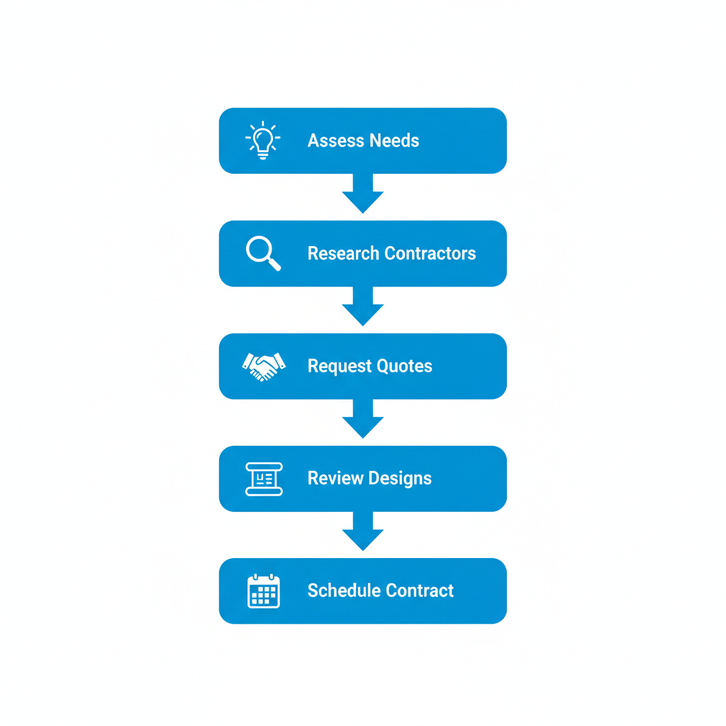 Vertical process flow diagram showing five steps for starting a deck project with icons and brief labels.