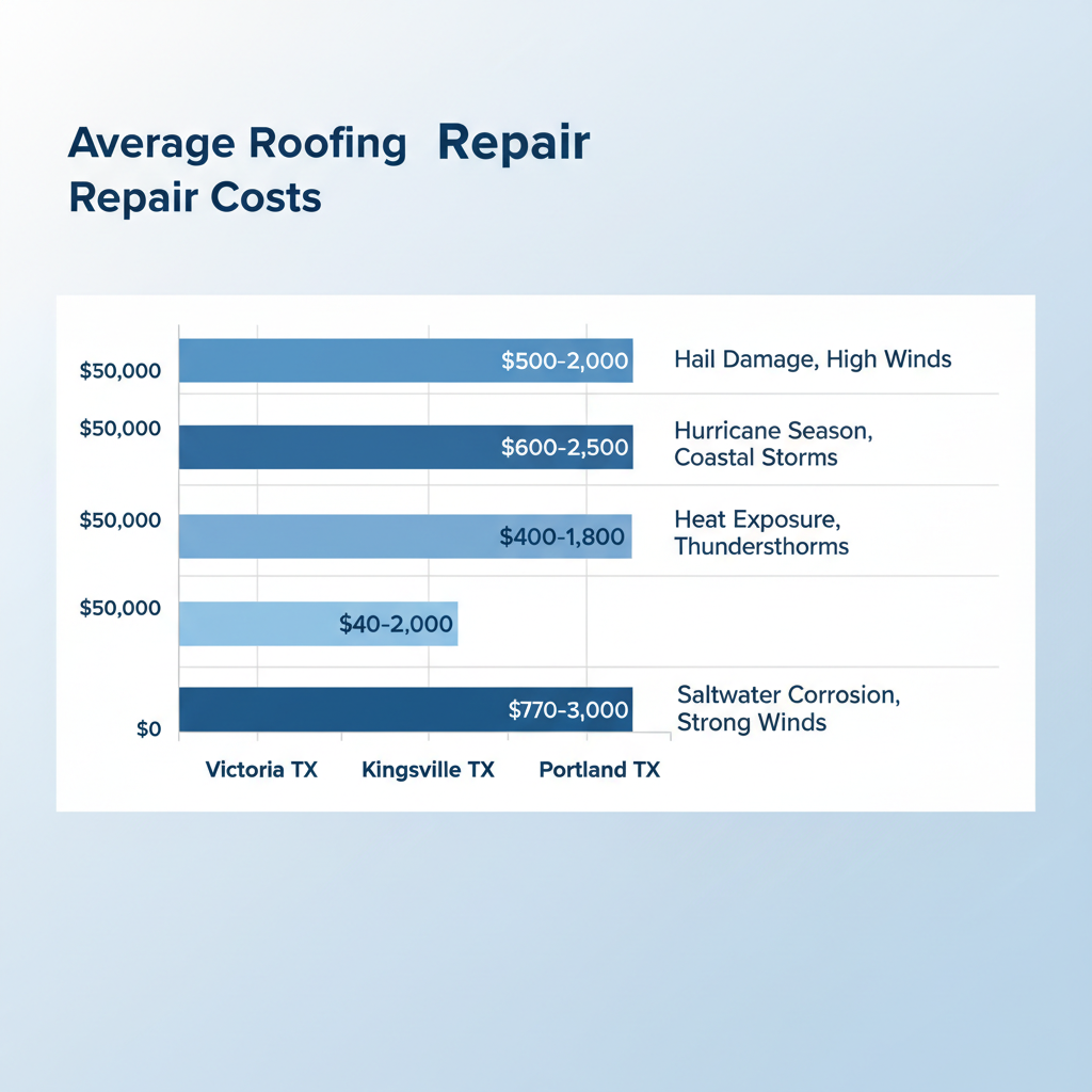 Bar chart comparing average roofing repair cost ranges in Victoria TX, Kingsville TX, Robstown TX, and Portland TX