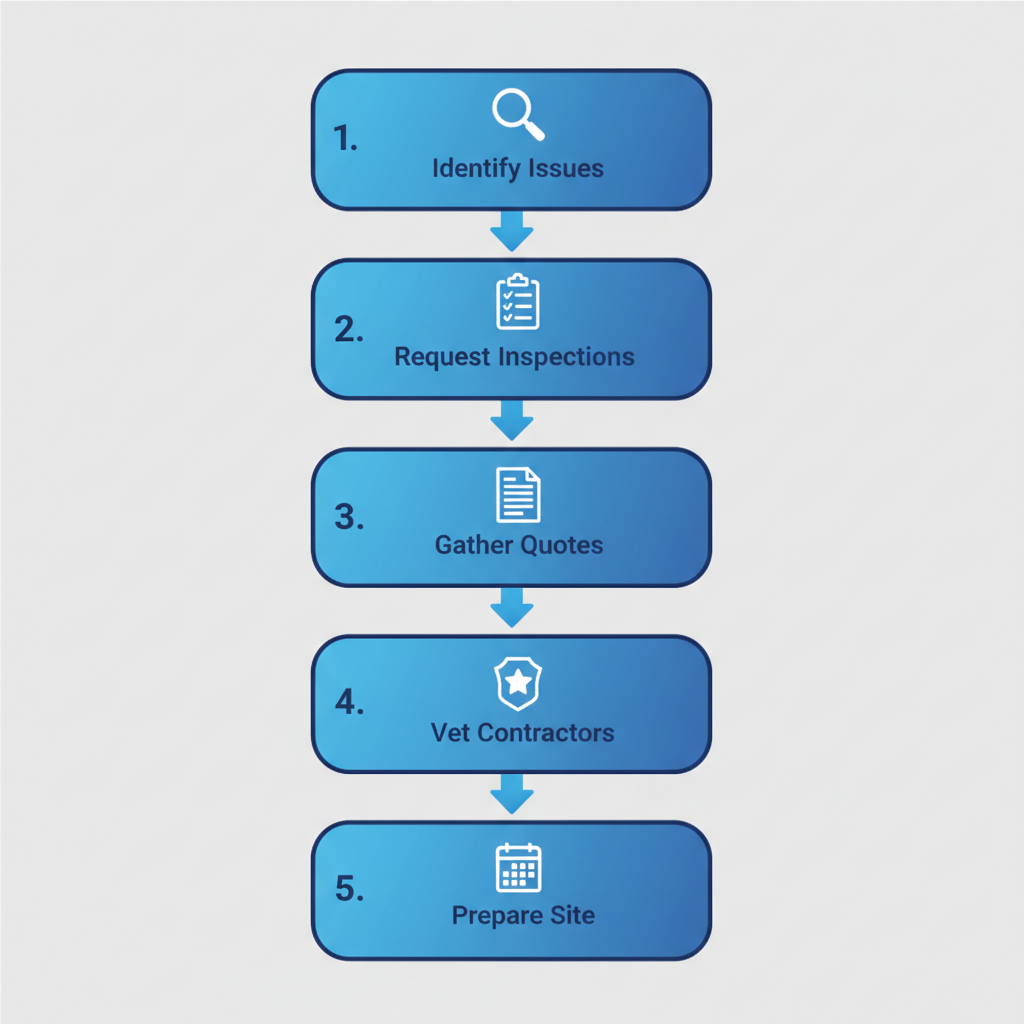 Vertical process flow diagram illustrating five key steps for starting a roofing project: identify issues with magnifying glass, request free inspections with checklist, gather multiple quotes with document, vet contractors with badge, and prepare site with calendar.