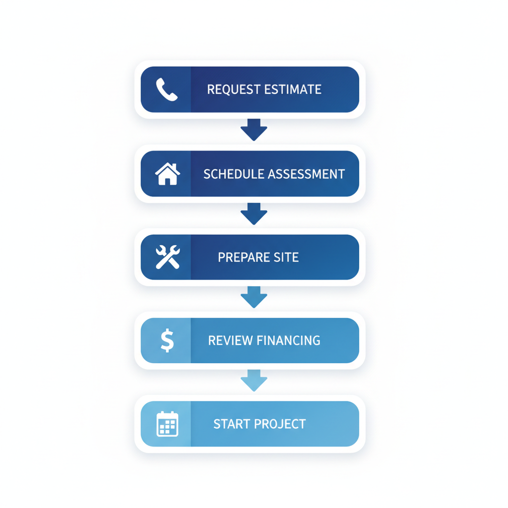 Vertical process flow diagram illustrating the five key stages to start a roofing project in Victoria, Texas, from estimate request to project initiation.
