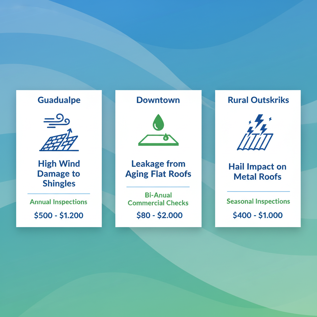 Infographic comparing common roofing problems and inspection costs in Victoria, Texas neighborhoods: Guadalupe, Downtown, and Rural Outskirts