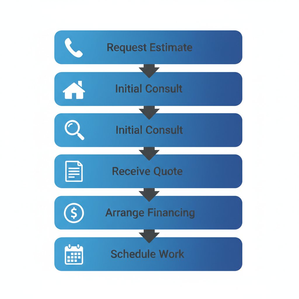 Vertical process flow diagram with five stages for starting San Antonio exterior projects, featuring icons and simple labels.